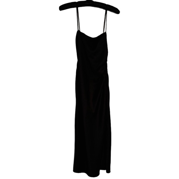 Zara Black Ruched Lingerie Style Slip Dress Left Side Zip Up/Sexy Leg Slit Sz M - Picture 2 of 7